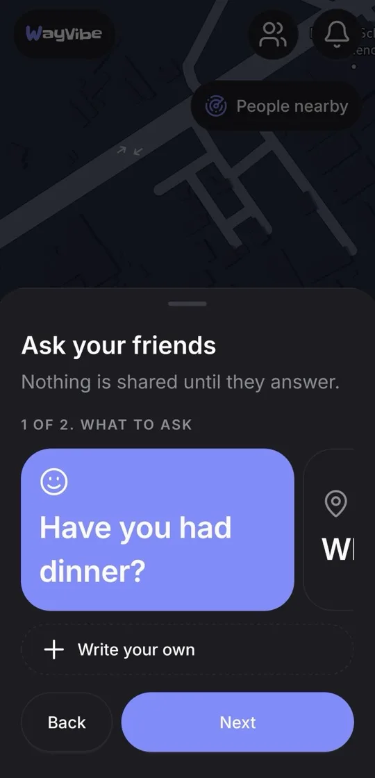 WayVibe app: making a plan, choosing who sees it, the day, the time and how long you’ve got