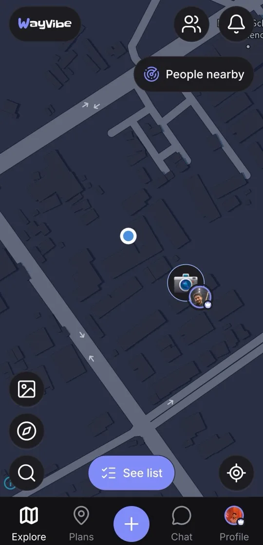 WayVibe app: the Explore map with plans pinned around you